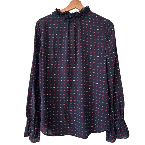 J.Crew Ruffle-Neck Silk Top in Lips Print size 8 Tall Navy Blue 100% Silk - Picture 12 of 12